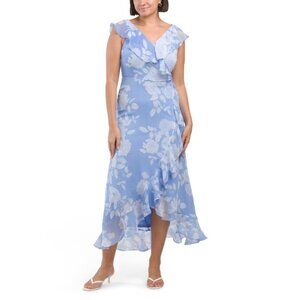 LONDON TIMES Blue/white Ruffle Wrap Maxi Dress